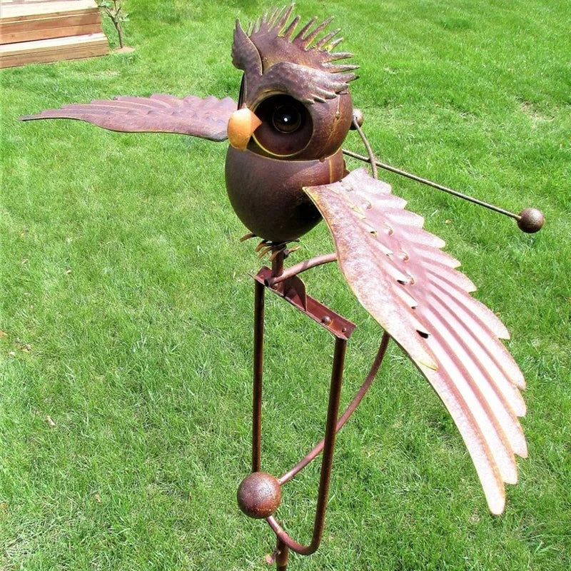 Metal Bird Garden Stake with Wind Activated Wings and Bearing Guided Motion