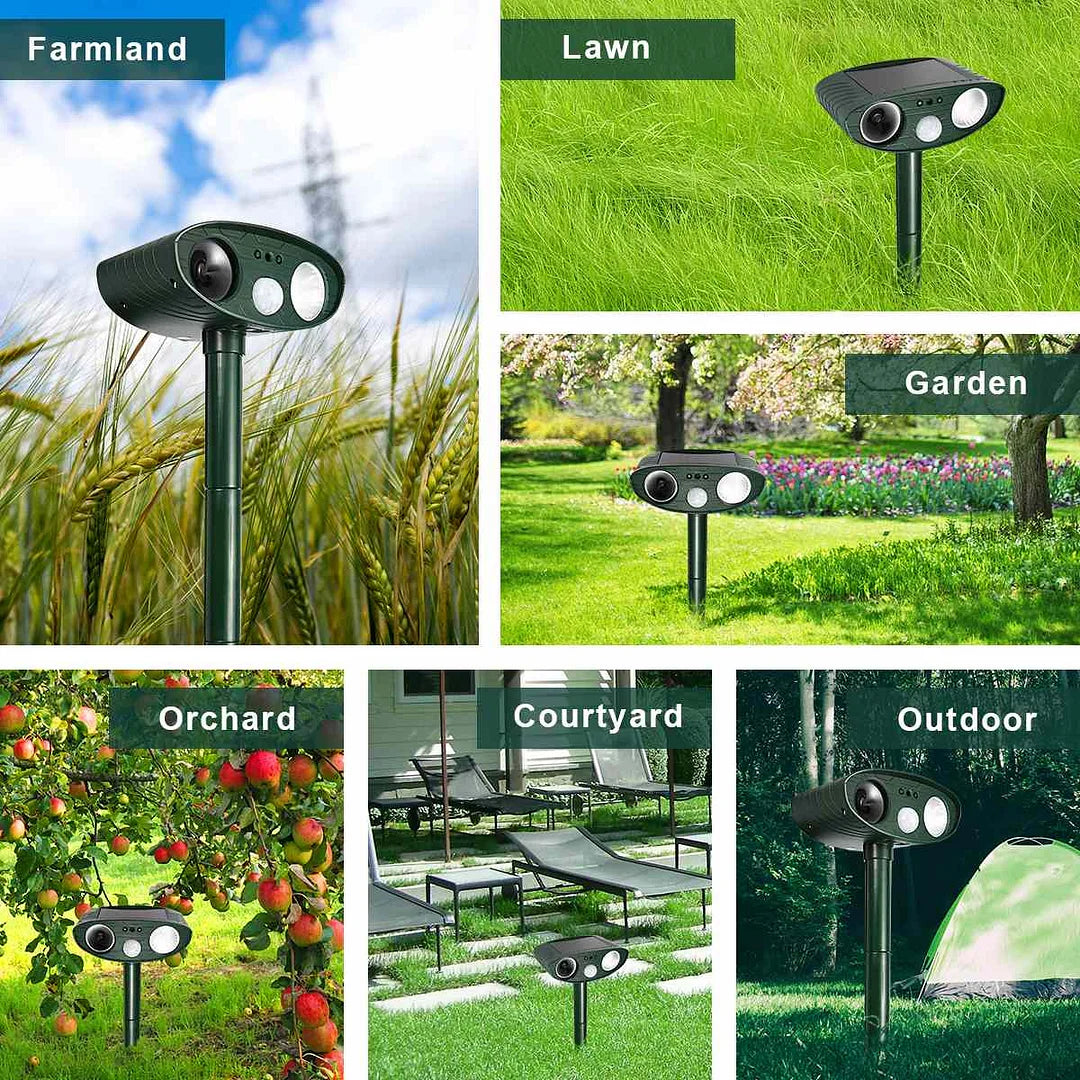 Solar Motion-Activated Animal Repeller with Dual Ultrasonic Speakers and LED Flash, 4-Pack