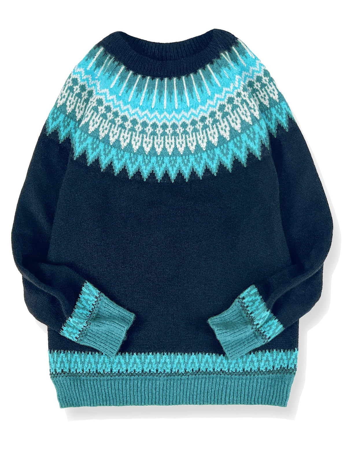 Womens Chunky Jacquard Round Neck Sweater with a Nature Inspired Pattern in Eight Colors