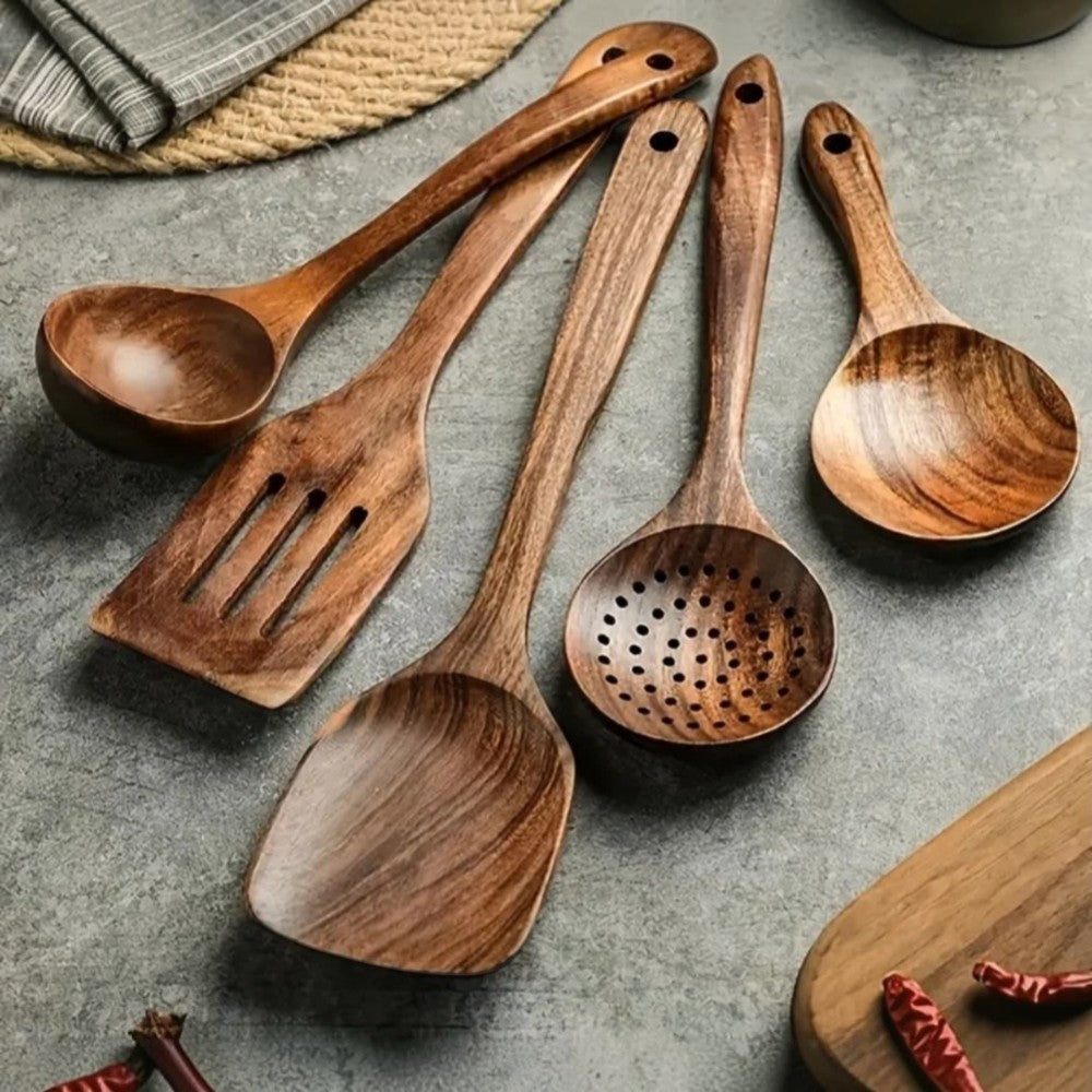 Teak Wood Cooking Utensil Set with Heat-Resistant Handles and Non-Stick Safe Design