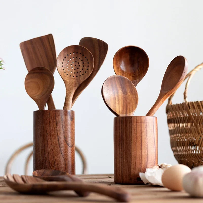 Teak Wood Cooking Utensil Set with Heat-Resistant Handles and Non-Stick Safe Design