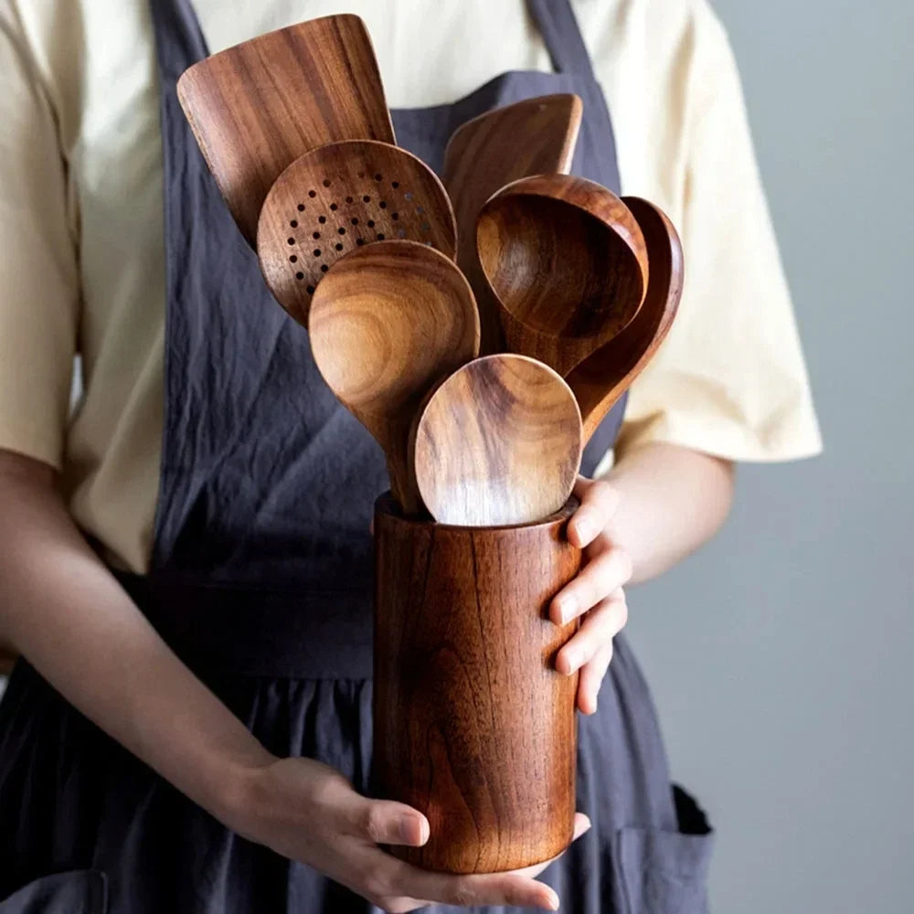 Teak Wood Cooking Utensil Set with Heat-Resistant Handles and Non-Stick Safe Design