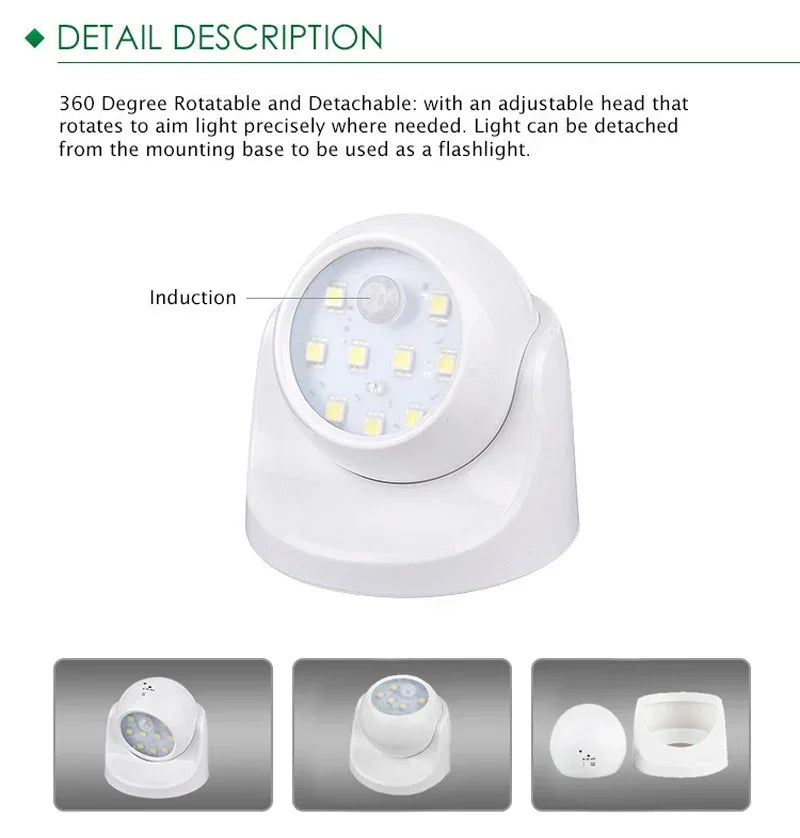 Motion Sensor Spotlight with 360° Rotatable Head and Battery Power