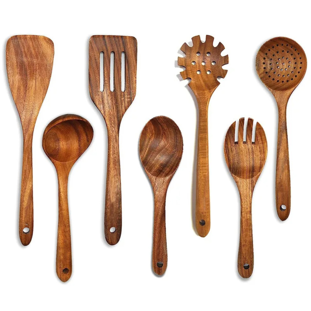 Teak Wood Cooking Utensil Set with Heat-Resistant Handles and Non-Stick Safe Design