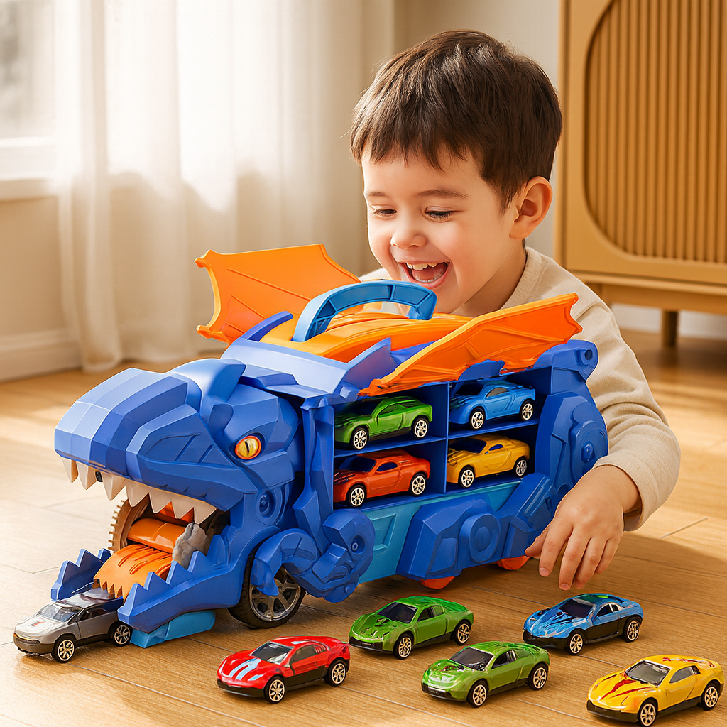 Dinosaur Transformer Truck with LED Lights and 2 Included Cars