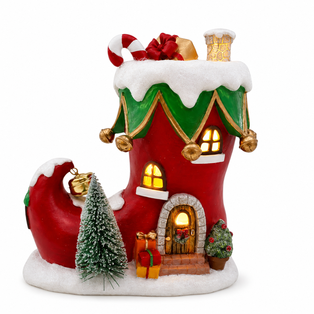 Illuminated Resin Boot House with Molded Holiday Details and Built-In Light