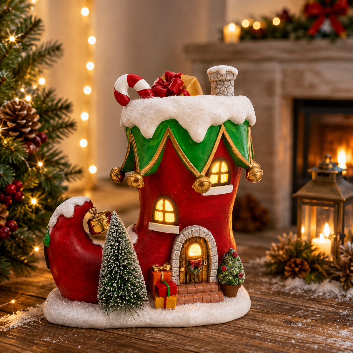 Illuminated Resin Boot House with Molded Holiday Details and Built-In Light