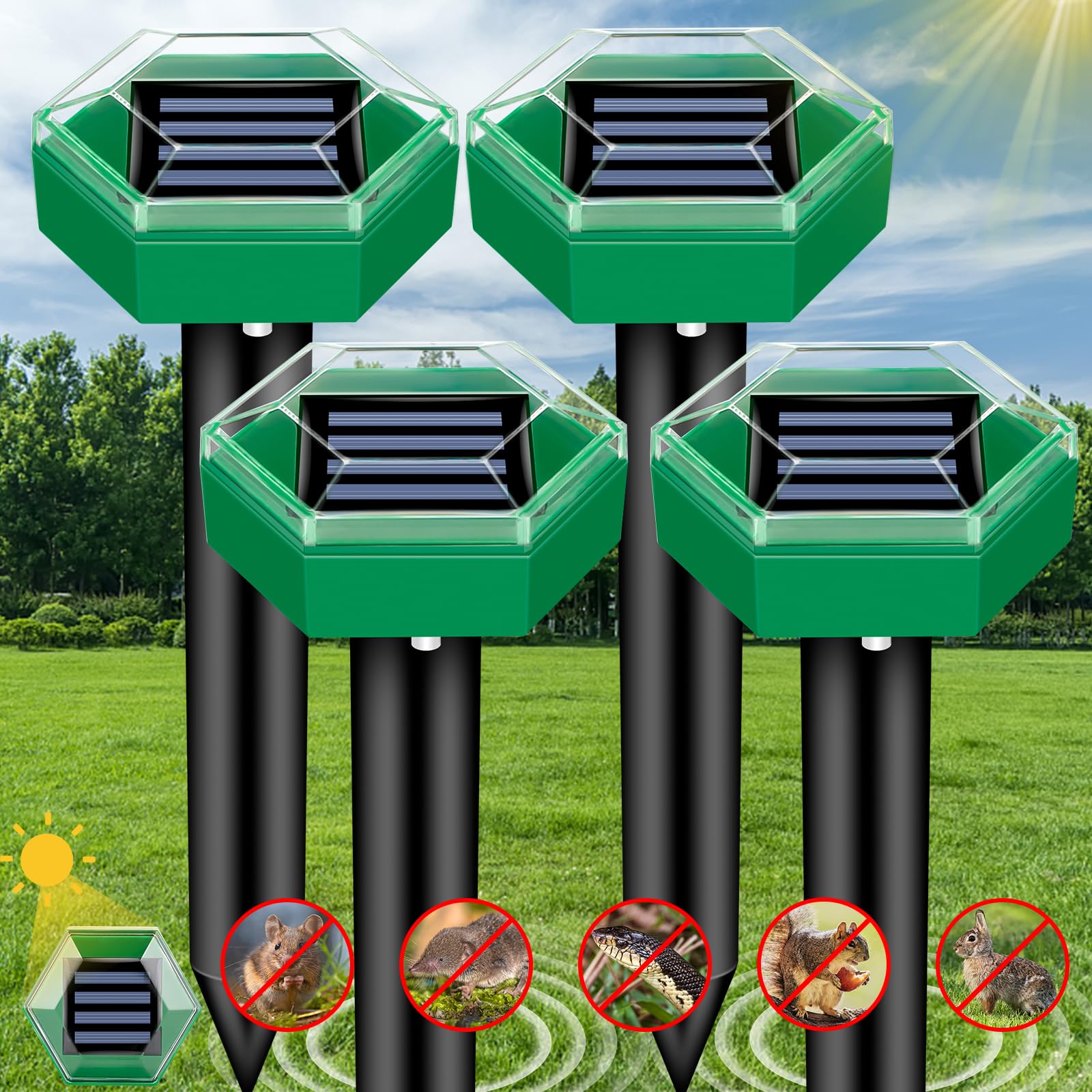 Solar Mole Repeller with Ultrasonic Pulse and Rechargeable Battery, 465 Sq Ft Coverage