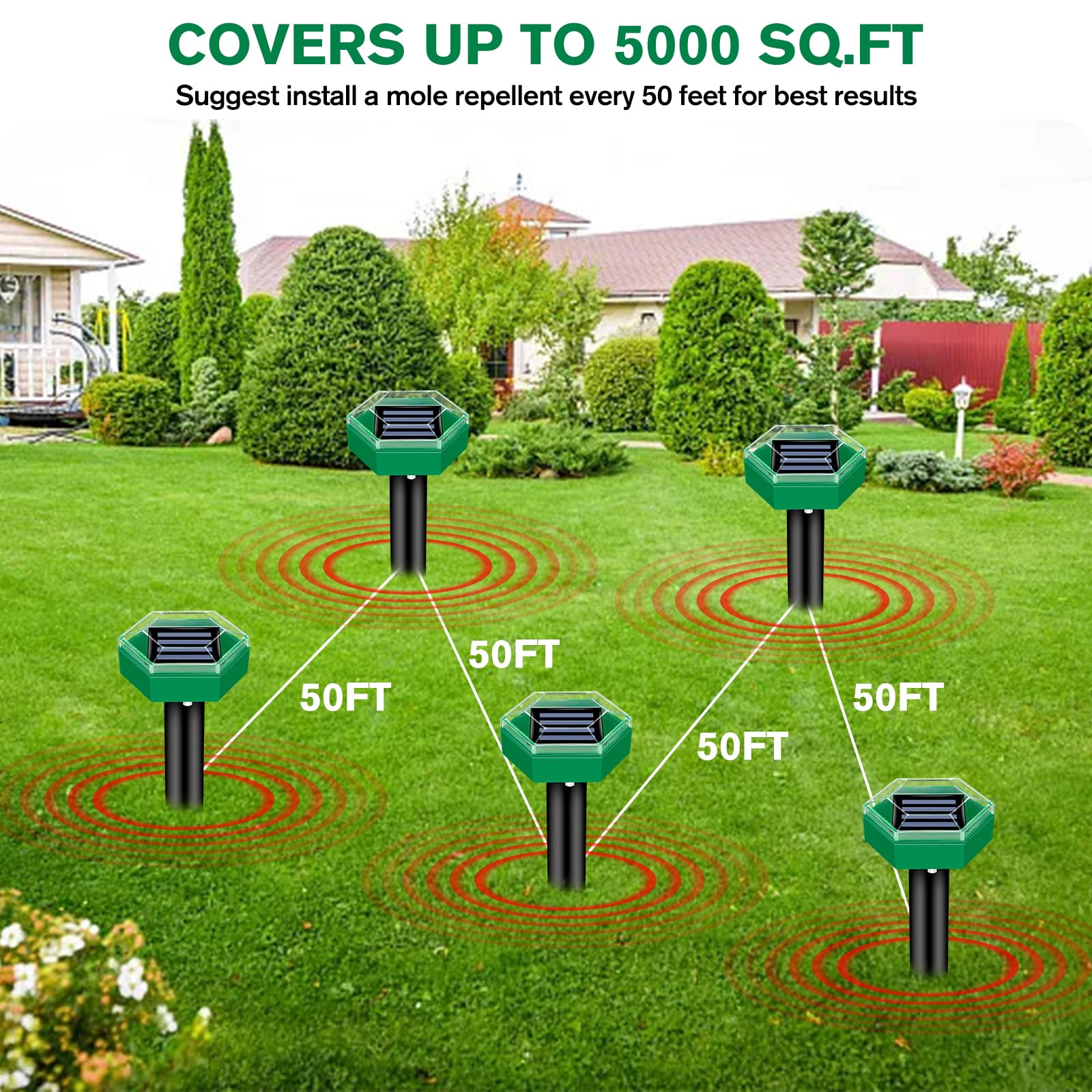 Solar Mole Repeller with Ultrasonic Pulse and Rechargeable Battery, 465 Sq Ft Coverage