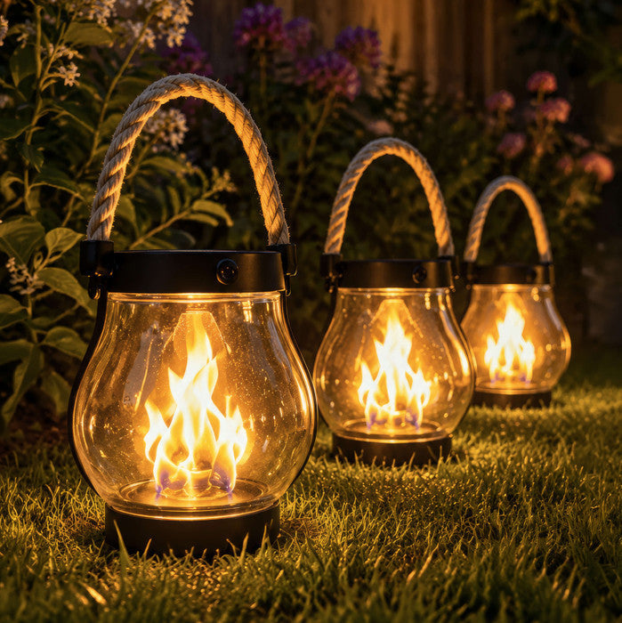 Solar Powered Lantern with Flame Effect Light and Hemp Rope Handle for Patios and Porches