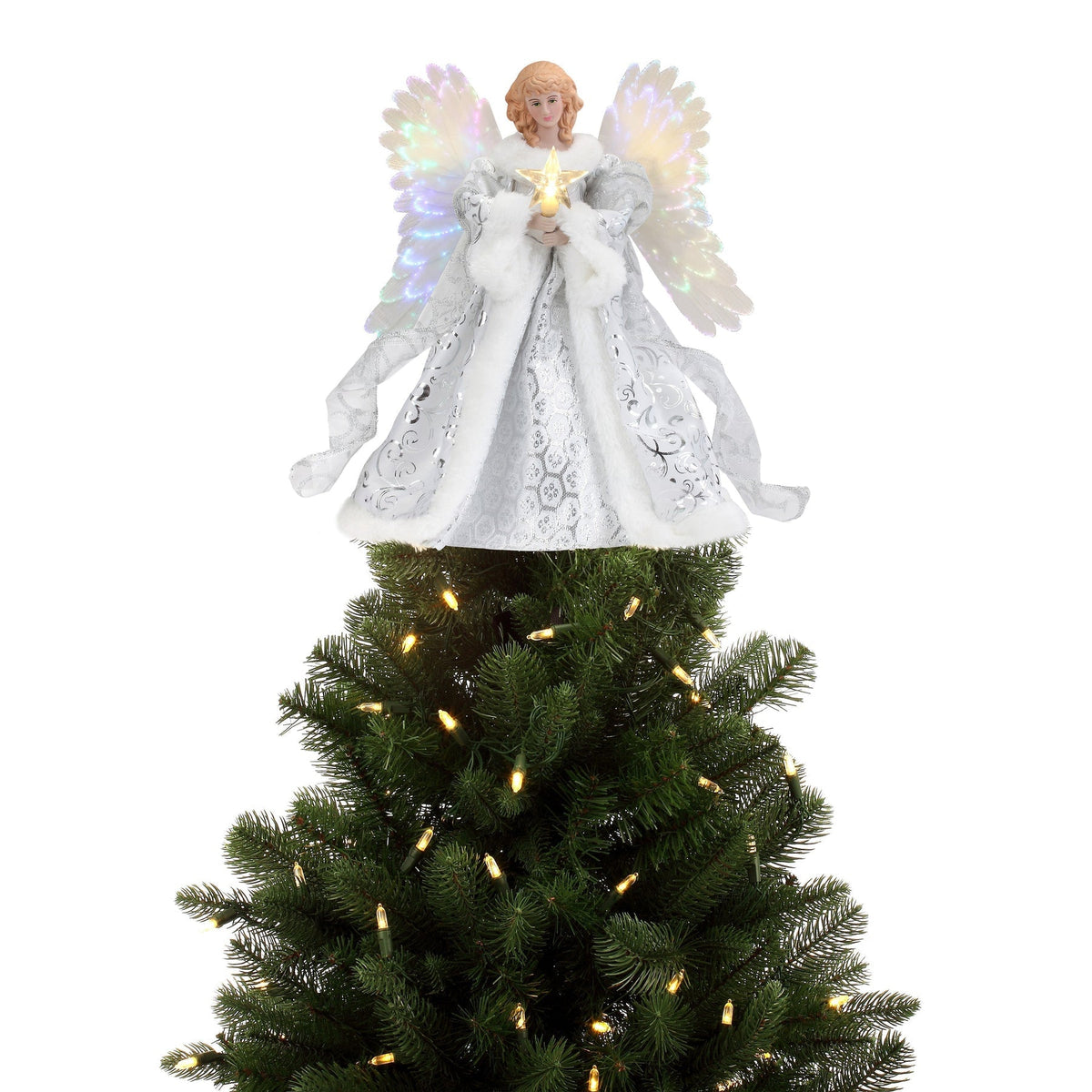 Angel Tree Topper with Moving Wings and Fiber Optic Lights, Glowing Star All Vera Mart