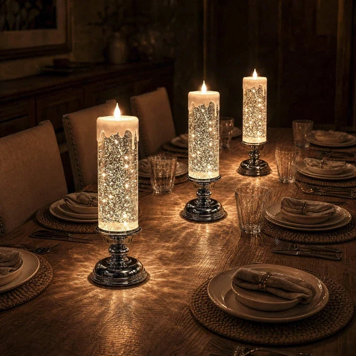 Flameless Glitter Glow Candle with Swirling Shimmer and Golden LED Light in White Gold Or Red