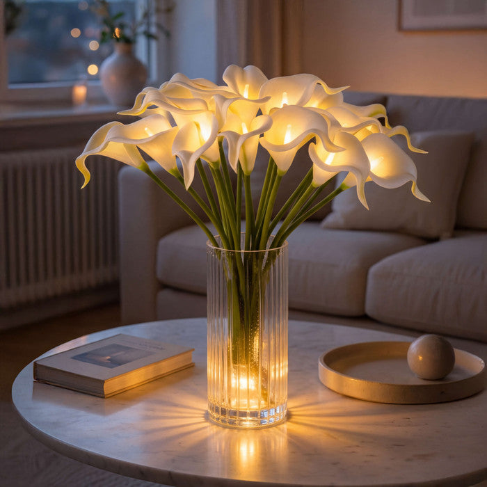 Light Up Calla Lily Bouquet with Ten White Blooms and Warm Glow Standing 15 Inches Tall