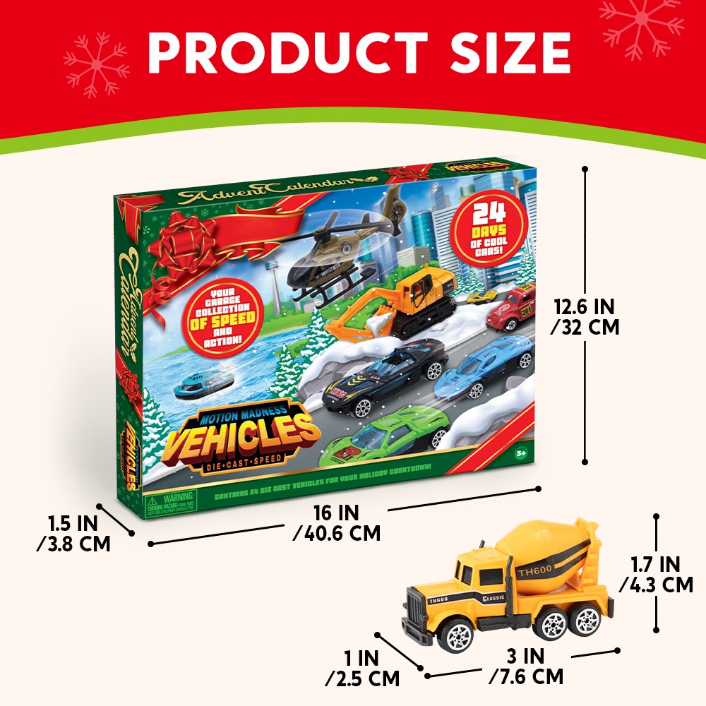 Toy Vehicle Advent Calendar with 24 Mini Cars and Trucks in 1 to 64 Scale for Car Fans