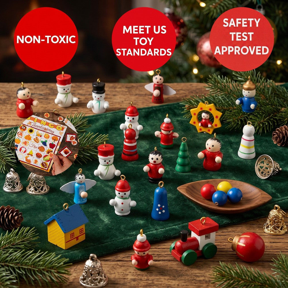 Wooden Desktop Christmas Tree Calendar with 24 Small Ornaments to Unwrap and Hang Each Day