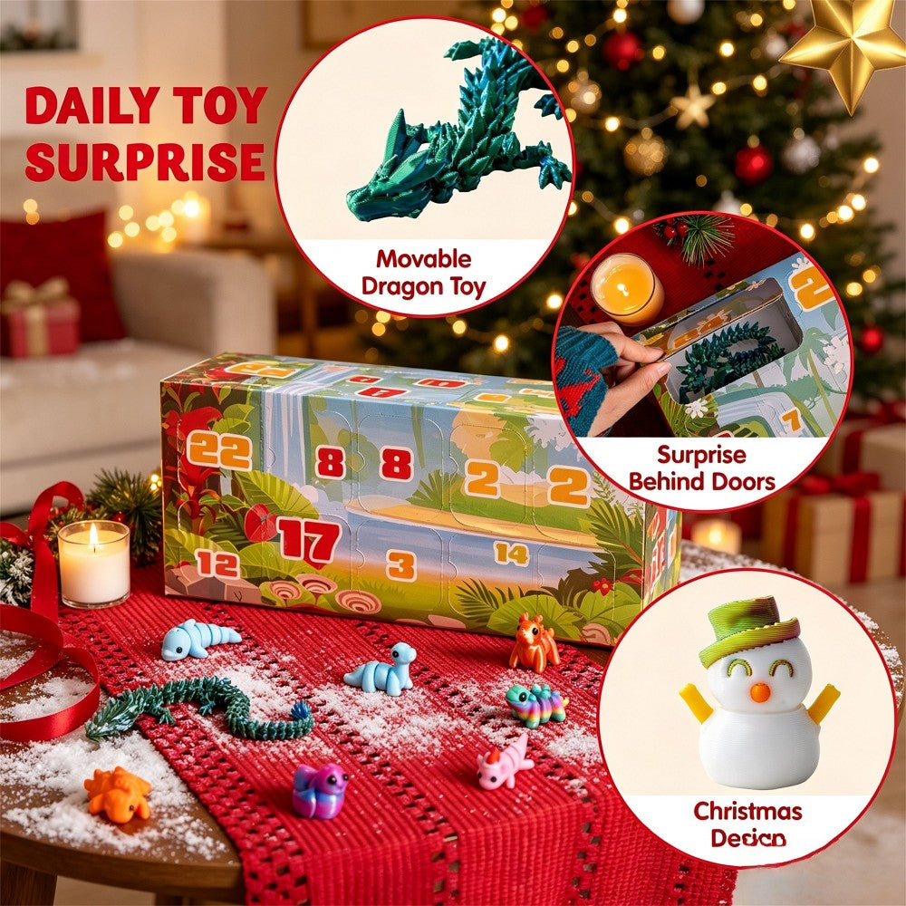 Advent Calendar Box with 24 Hard 3D Printed Toys Shaped Like Animals and Festive Items
