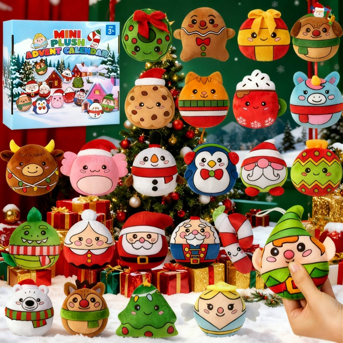Hanging Mini Plush Advent Calendar with 24 Holiday Characters for Christmas Trees