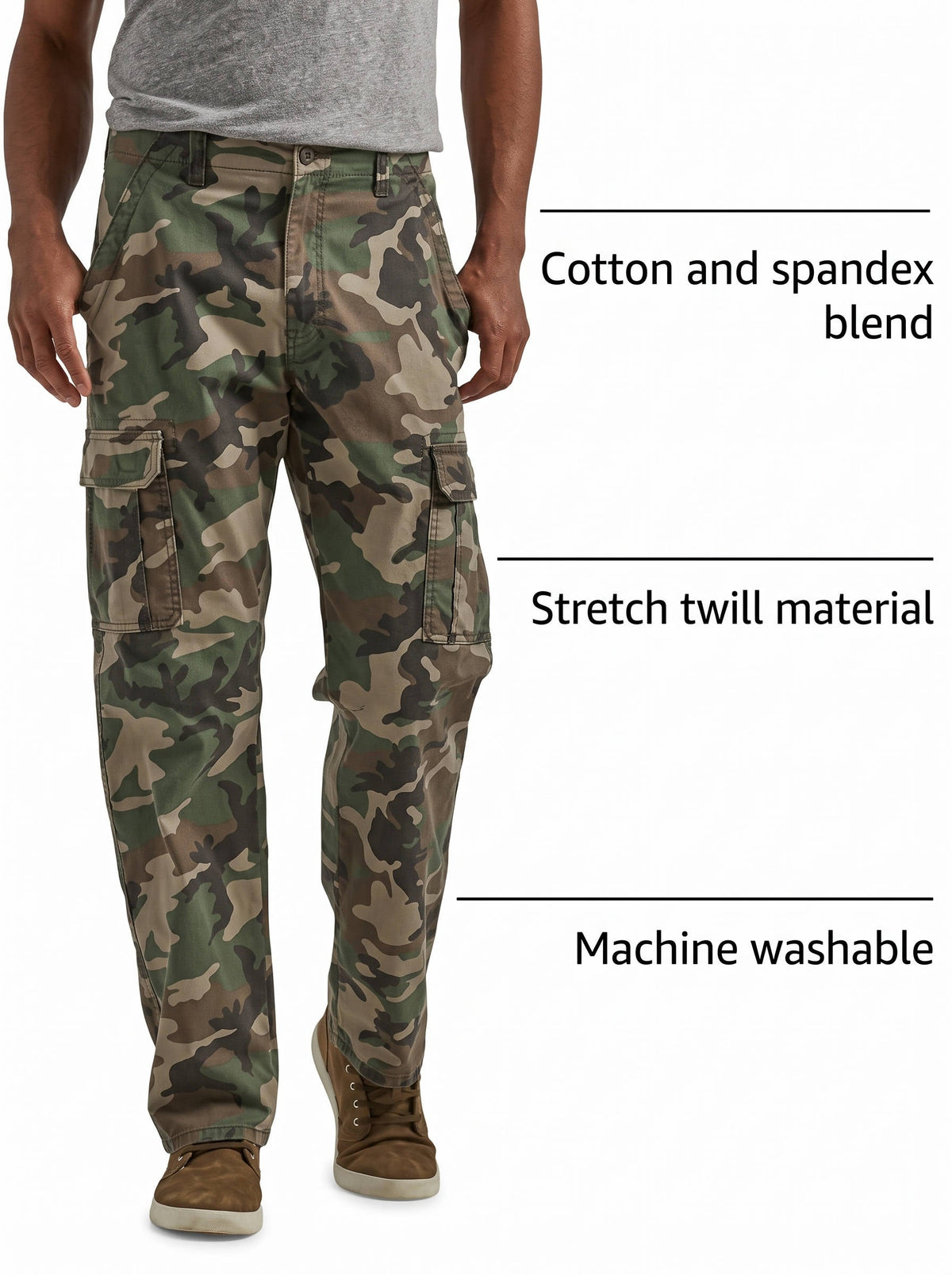 Men's Stretch Twill Cargo Pants with Six Pockets and Relaxed Fit