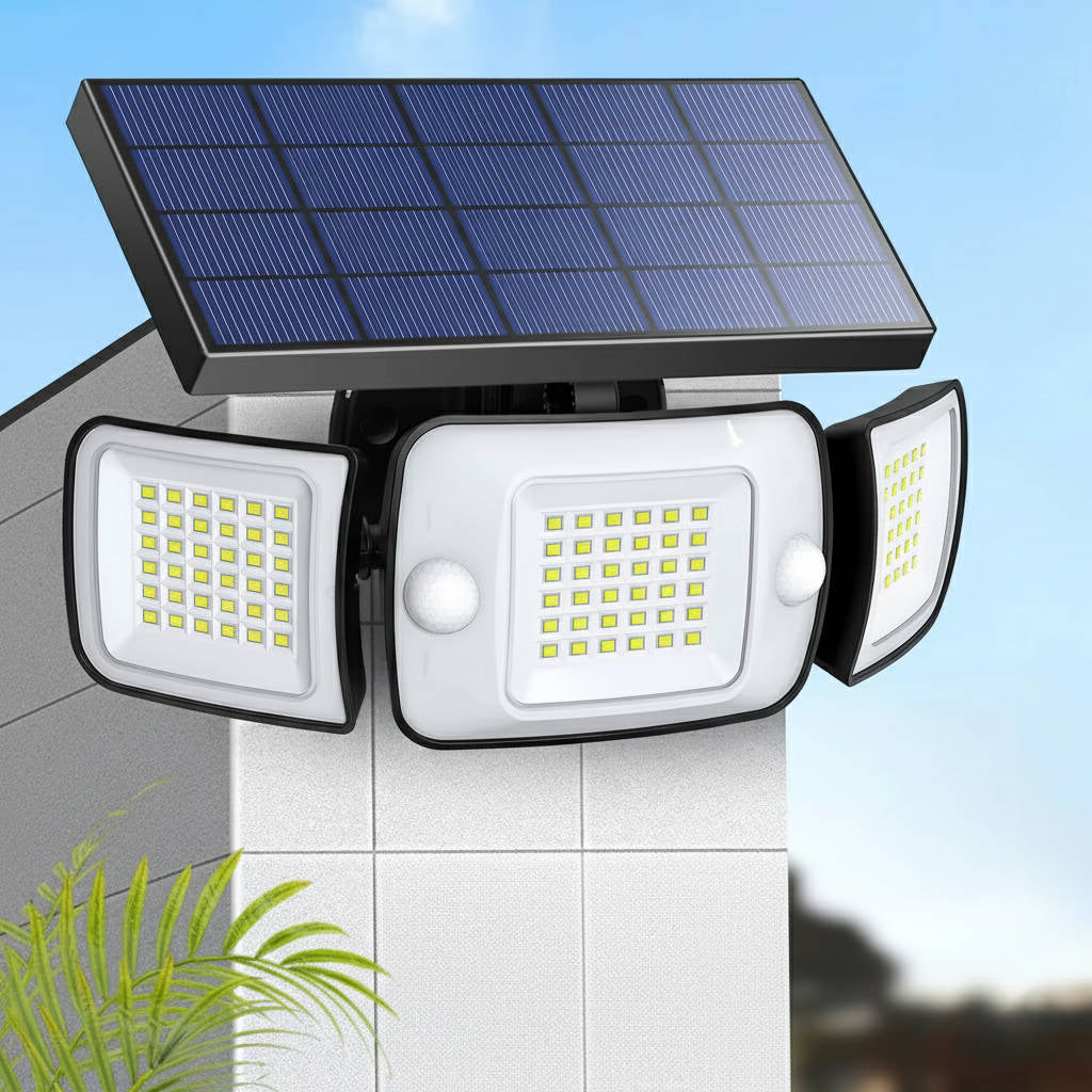 Outdoor Solar Flood Light with Dual Motion Sensors and Three Adjustable Heads