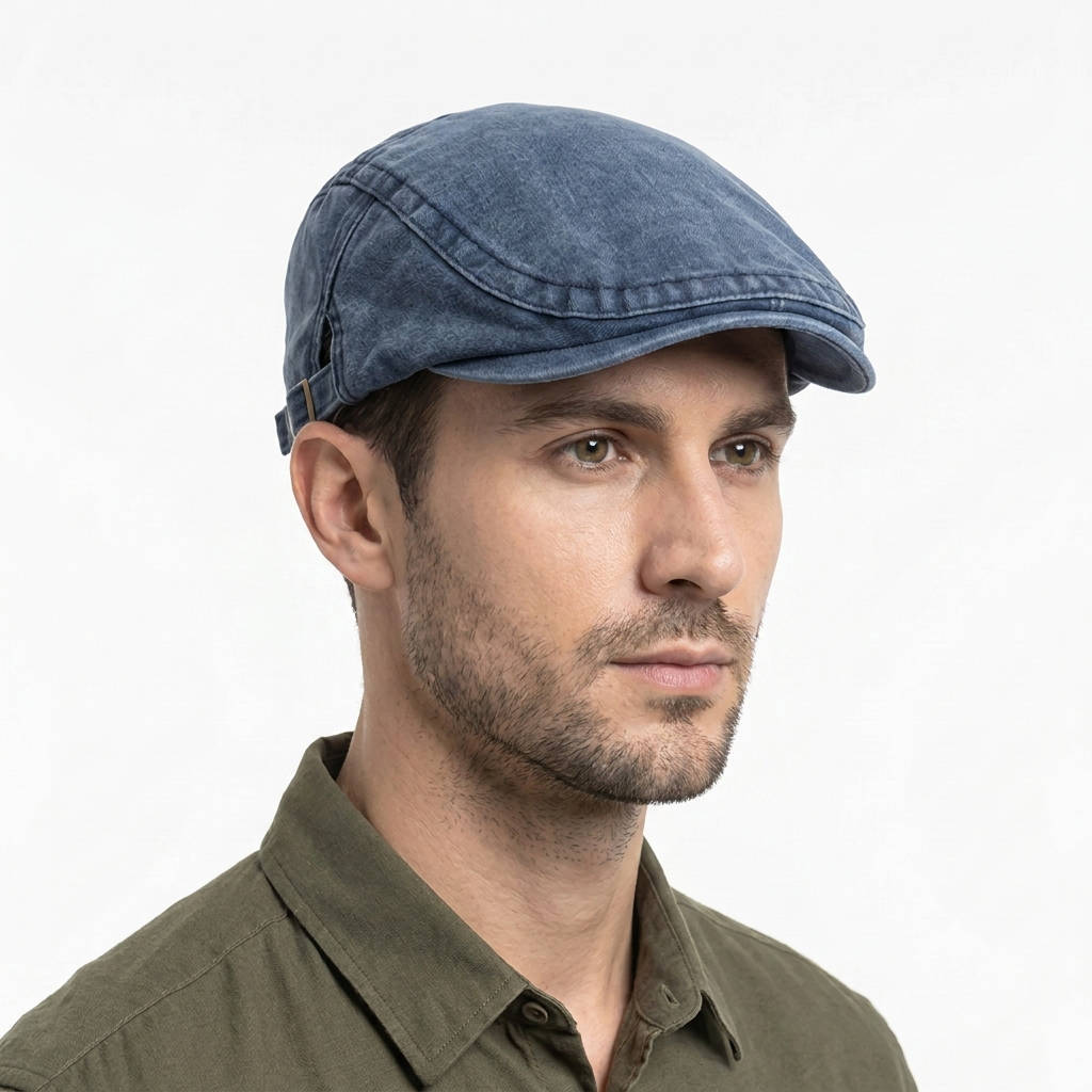 Newsboy Flat Cap with Adjustable Interior Band and Distressed Denim Finish