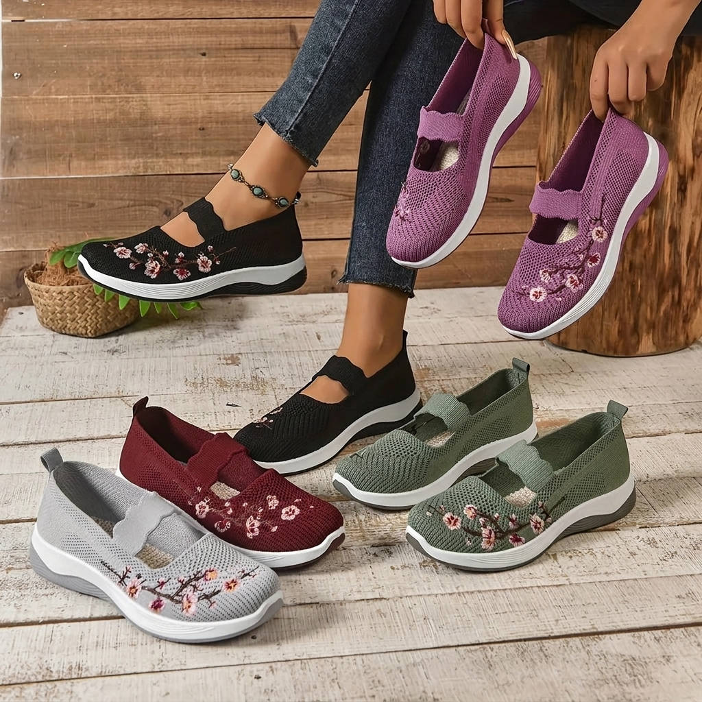 Women's Slip-On Mary Jane Shoes with Elastic Instep Strap and Floral Embroidery
