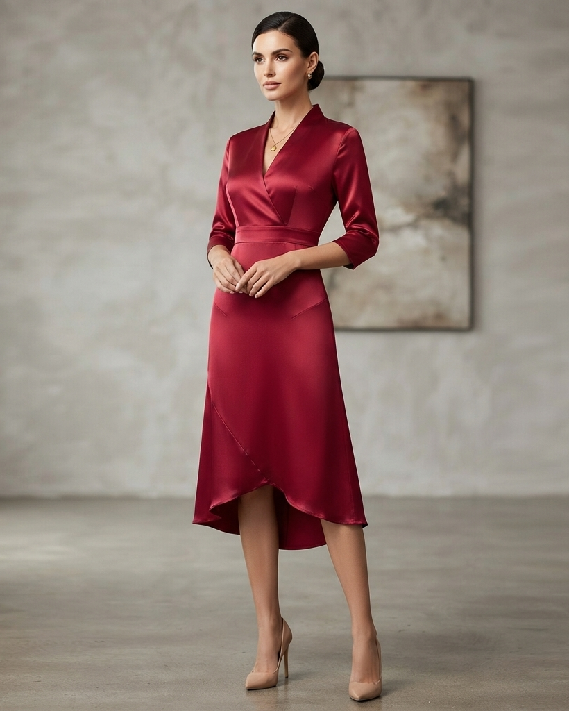 Women Long Sleeve Midi Dress with Fluid Drape and Figure Skimming Silhouette