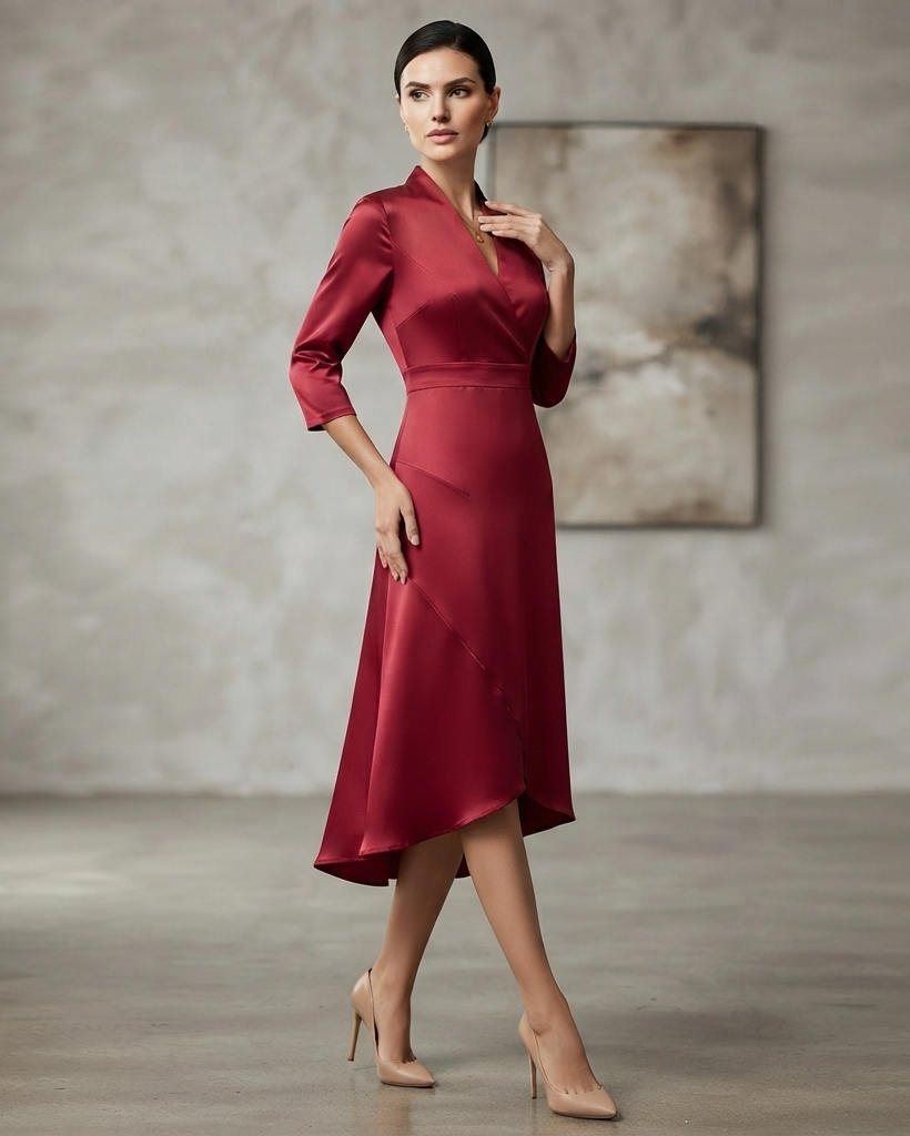 Women Long Sleeve Midi Dress with Fluid Drape and Figure Skimming Silhouette