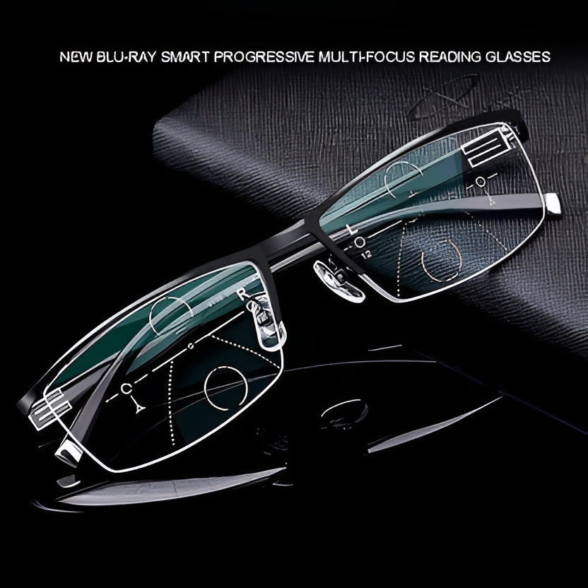 Progressive Multifocal Glasses with Photochromic Tint and Blue Light Blocking, Anti-Reflective Coating