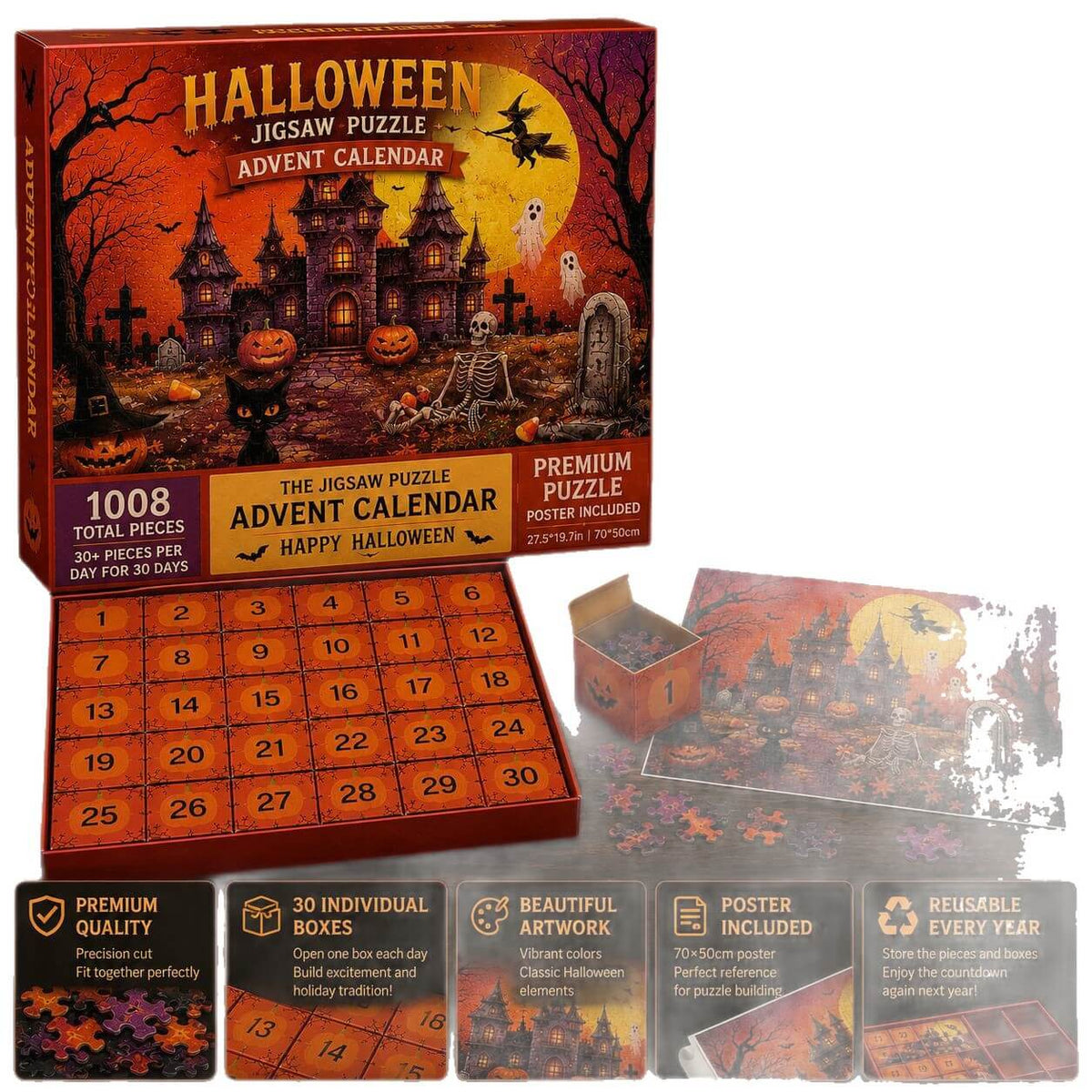 Jigsaw Puzzle Advent Calendar with Haunted Castle and Reference Poster, 1,008 Pieces