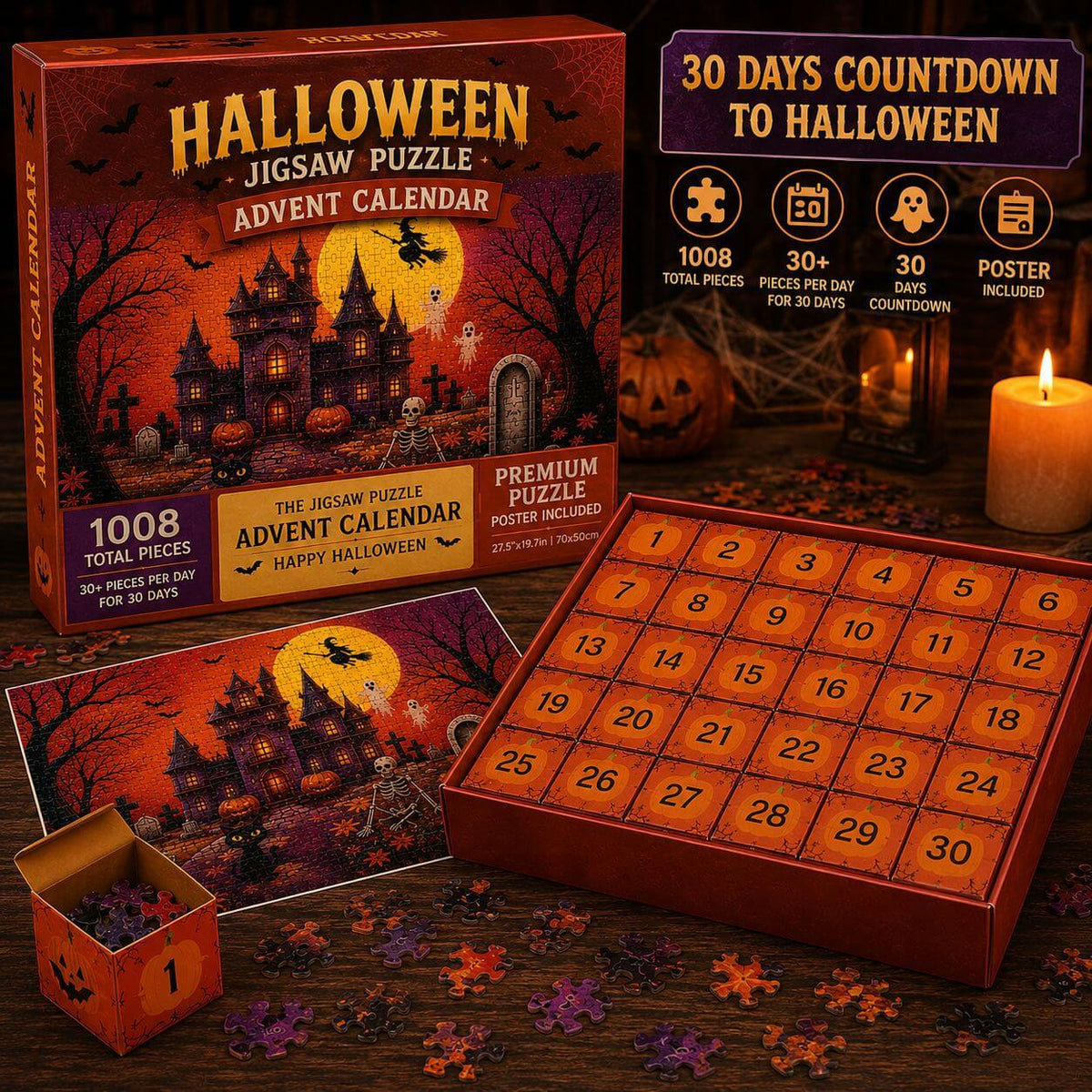 Jigsaw Puzzle Advent Calendar with Haunted Castle and Reference Poster, 1,008 Pieces