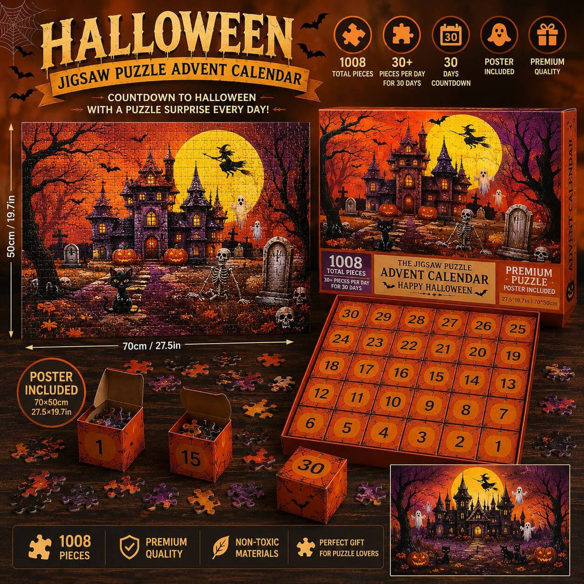 Jigsaw Puzzle Advent Calendar with Haunted Castle and Reference Poster, 1,008 Pieces