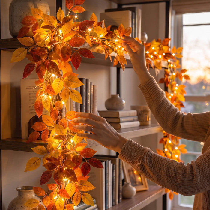 Six Foot Foliage Garland with Warm Golden Lights for Mantels Shelves and Doorways