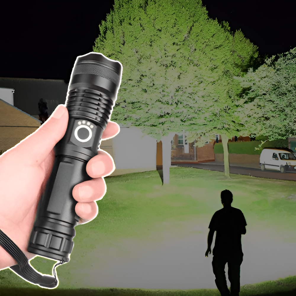 Rechargeable Flashlight with Telescopic Zoom and 90000 Lumen Output for Outdoor Camping