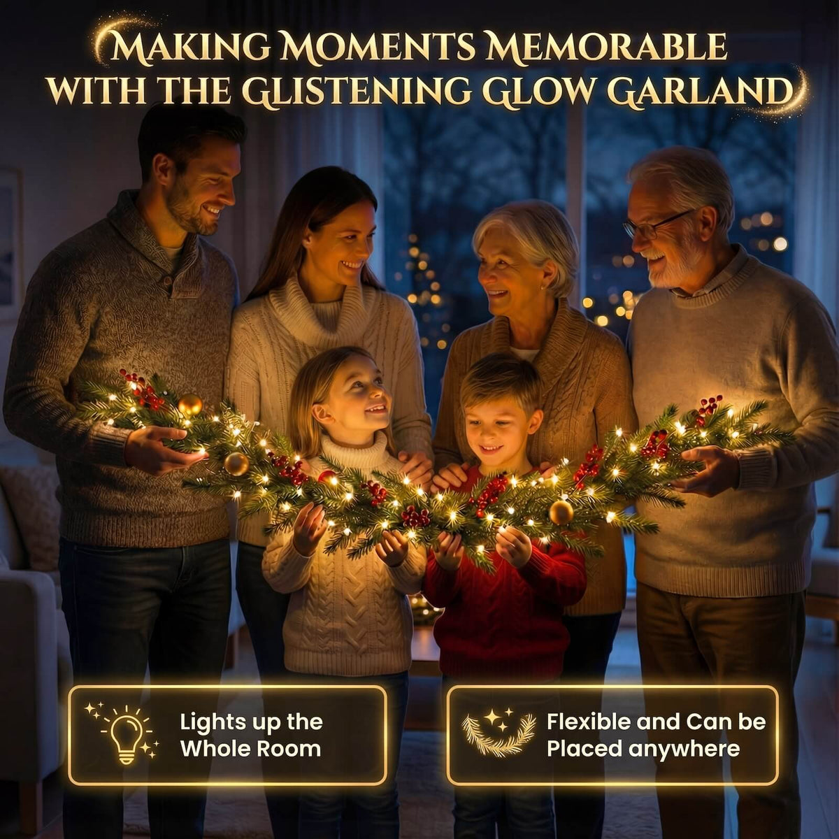 Fairy Light Garland with Ornament Accents in Five Styles, 4.9 Feet Long with Golden Lights for Indoor Decor