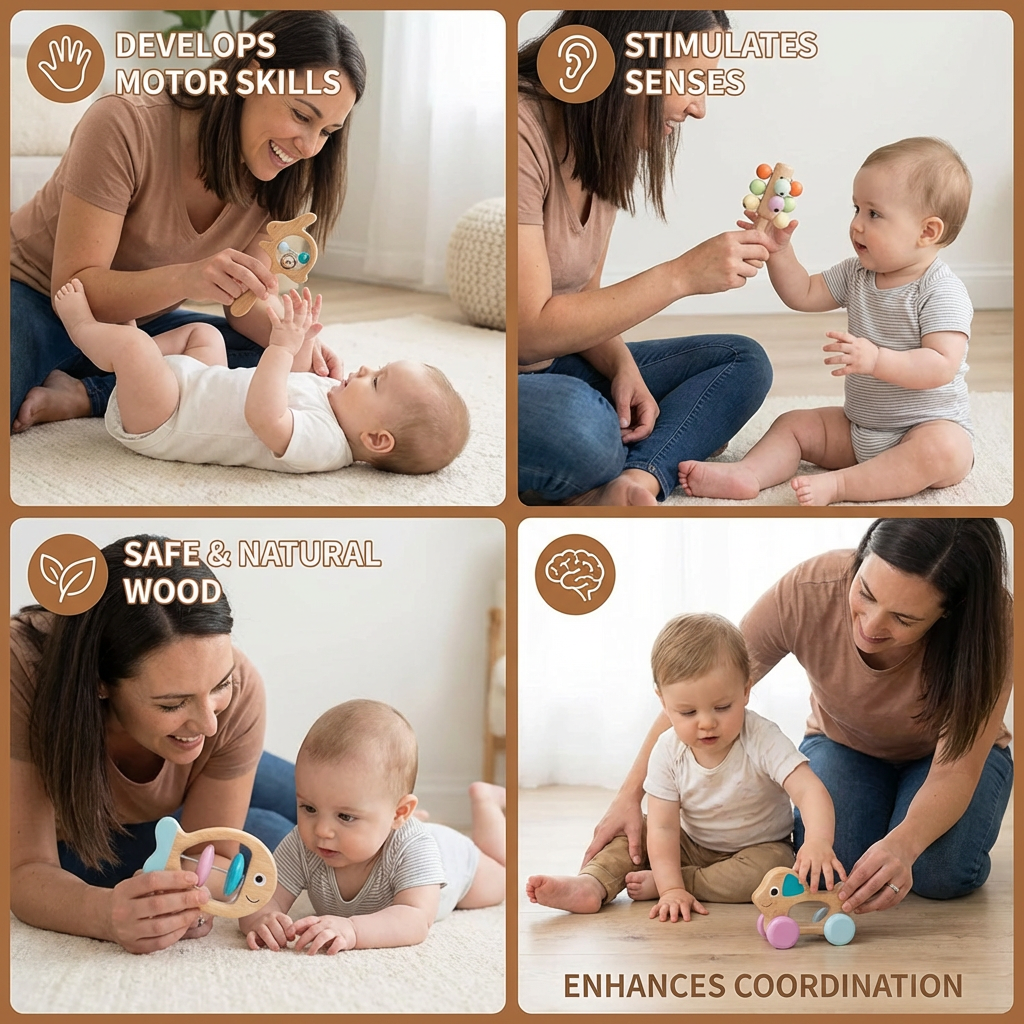 Wooden Baby Rattle Set with Multiple Grip Shapes and Gentle Sounds for Newborns