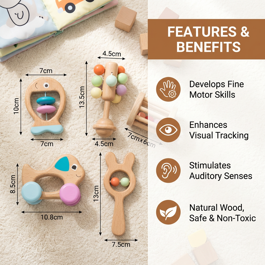 Wooden Baby Rattle Set with Multiple Grip Shapes and Gentle Sounds for Newborns