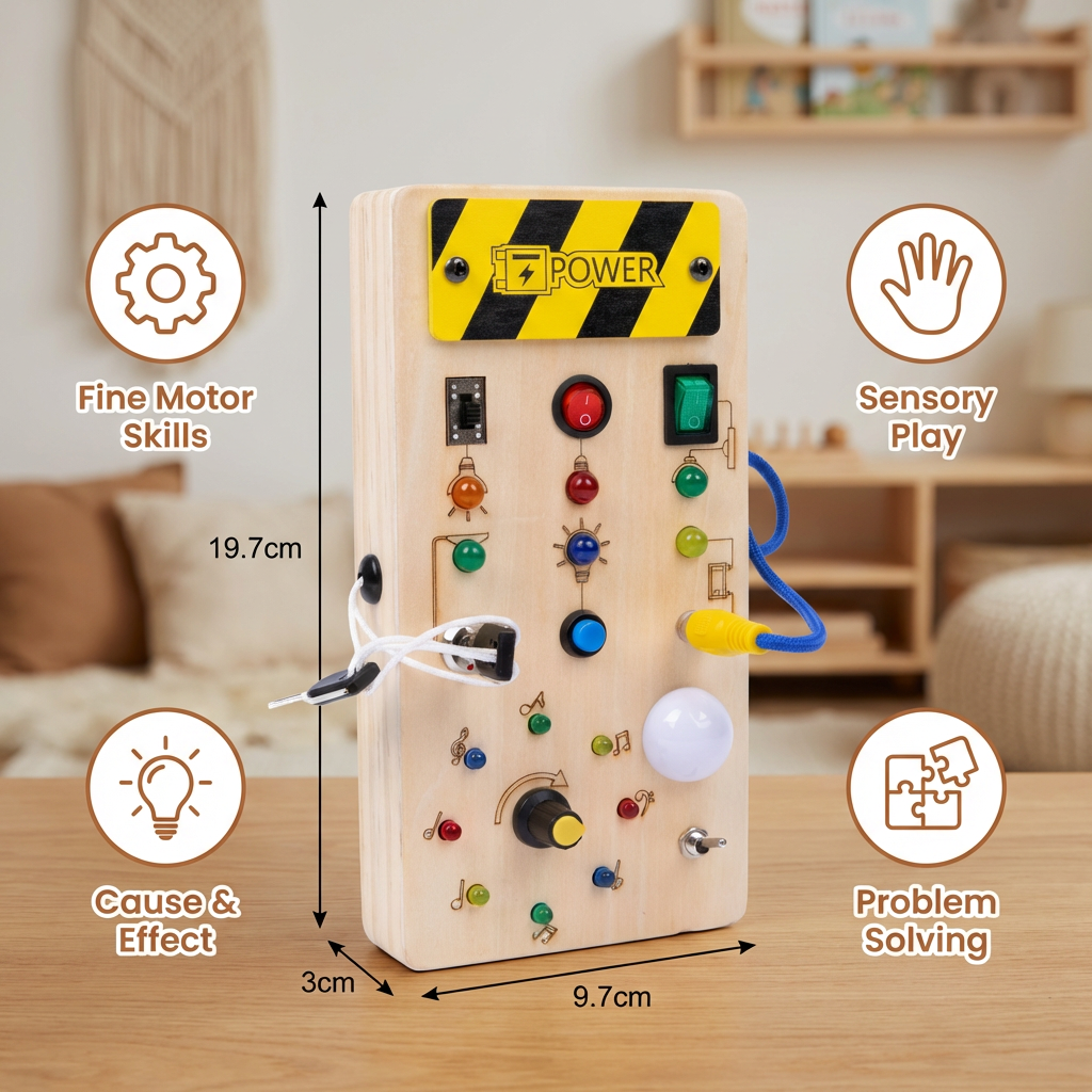 Interactive Wooden Sensory Board with Lights and Switches for Early Learning