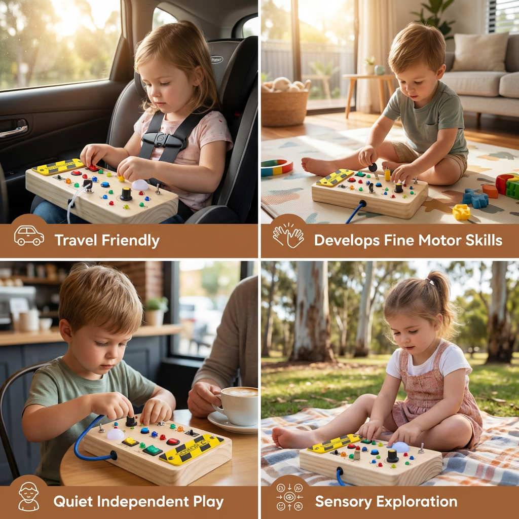 Interactive Wooden Sensory Board with Lights and Switches for Early Learning