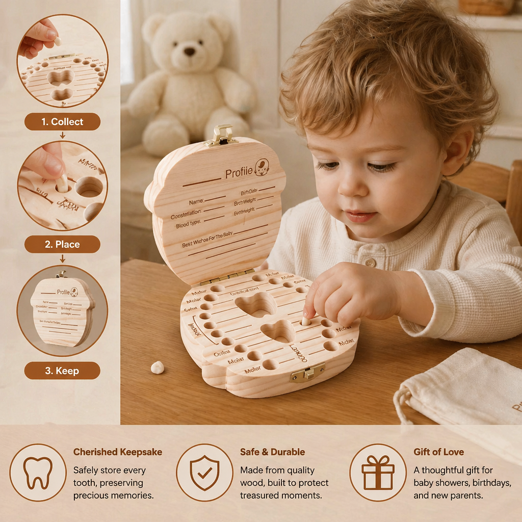 Tooth Storage Box with Labeled Compartments and Writable Wood Surface