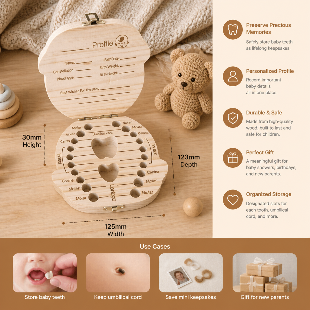 Tooth Storage Box with Labeled Compartments and Writable Wood Surface