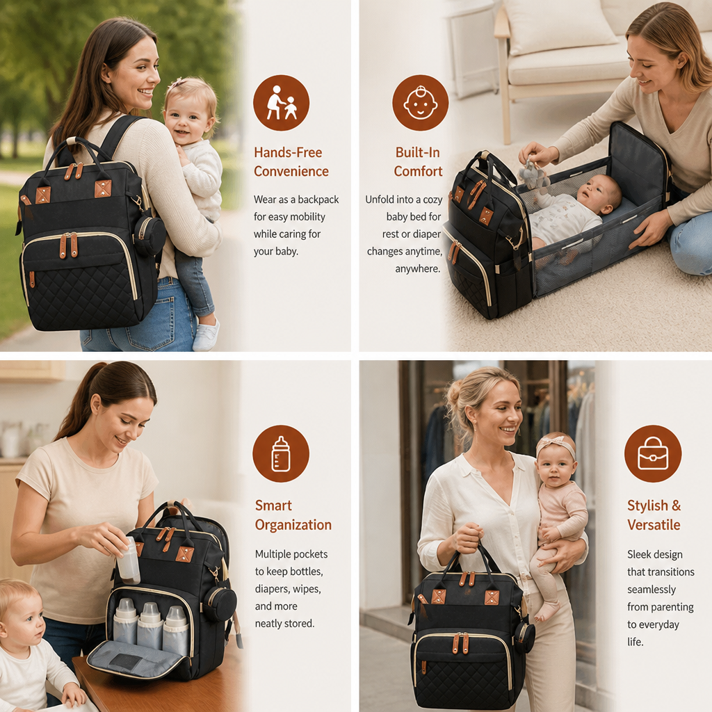 Convertible Diaper Backpack with Foldable Bed and Changing Station for Travel