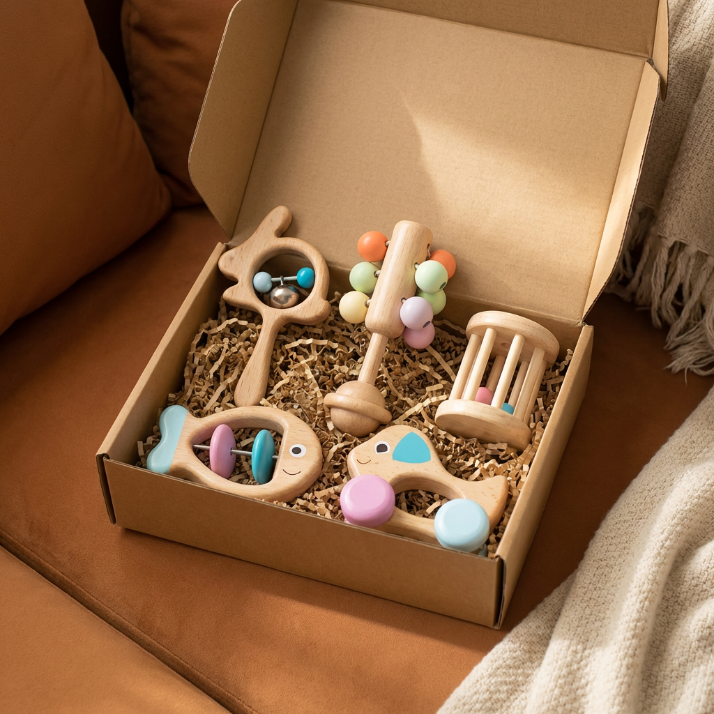 Wooden Baby Rattle Set with Multiple Grip Shapes and Gentle Sounds for Newborns