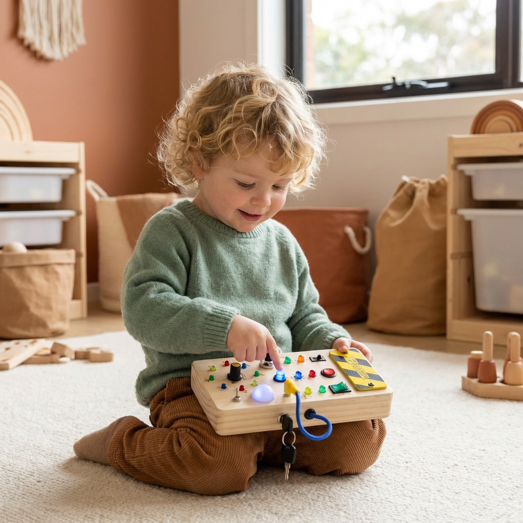 Interactive Wooden Sensory Board with Lights and Switches for Early Learning