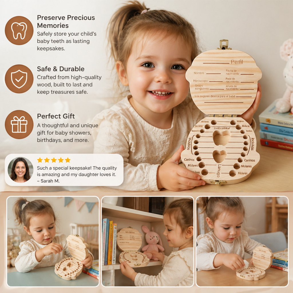 Tooth Storage Box with Labeled Compartments and Writable Wood Surface