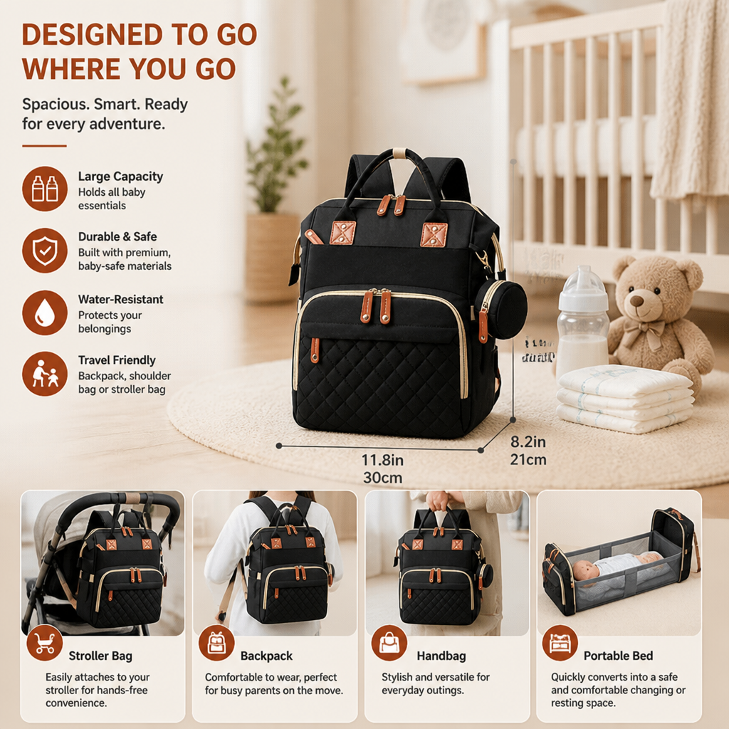 Convertible Diaper Backpack with Foldable Bed and Changing Station for Travel