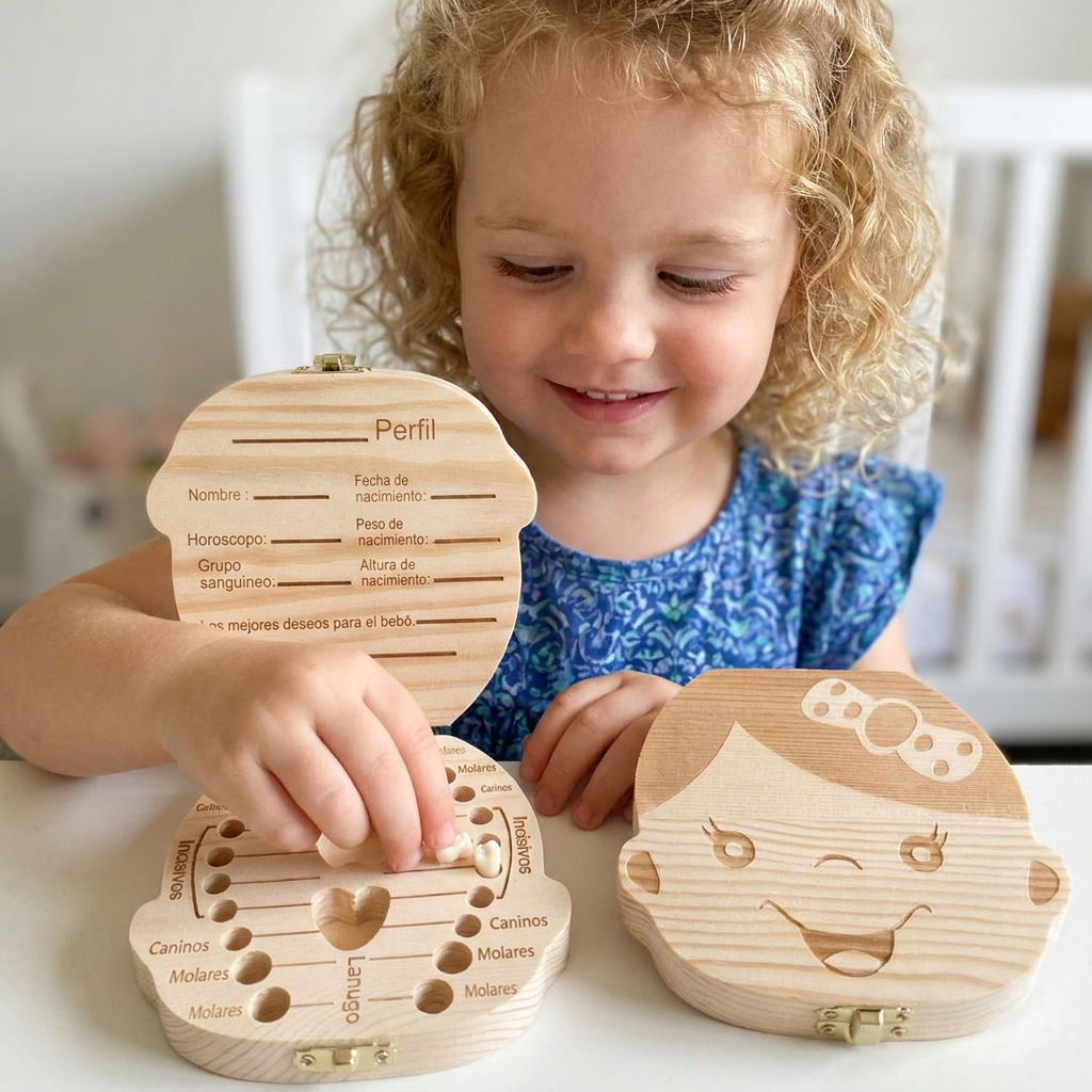 Tooth Storage Box with Labeled Compartments and Writable Wood Surface