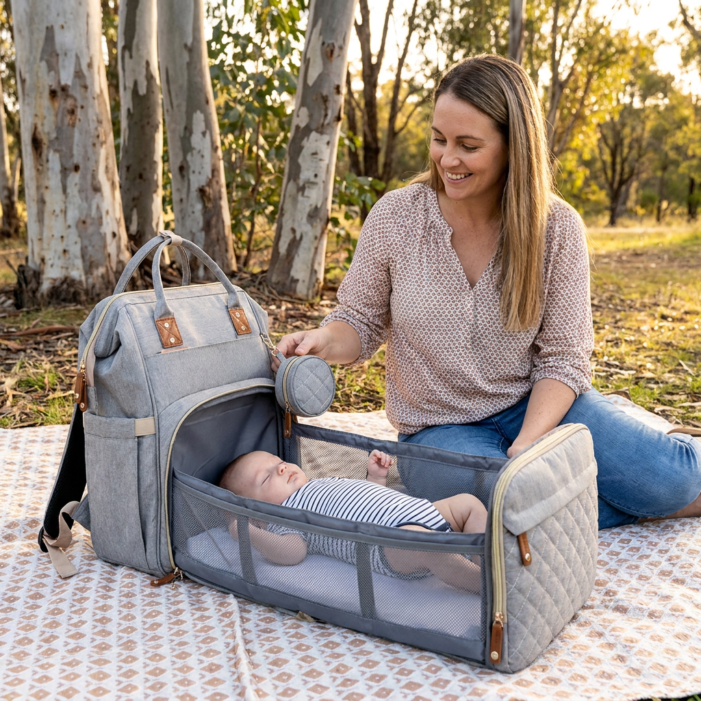 Convertible Diaper Backpack with Foldable Bed and Changing Station for Travel