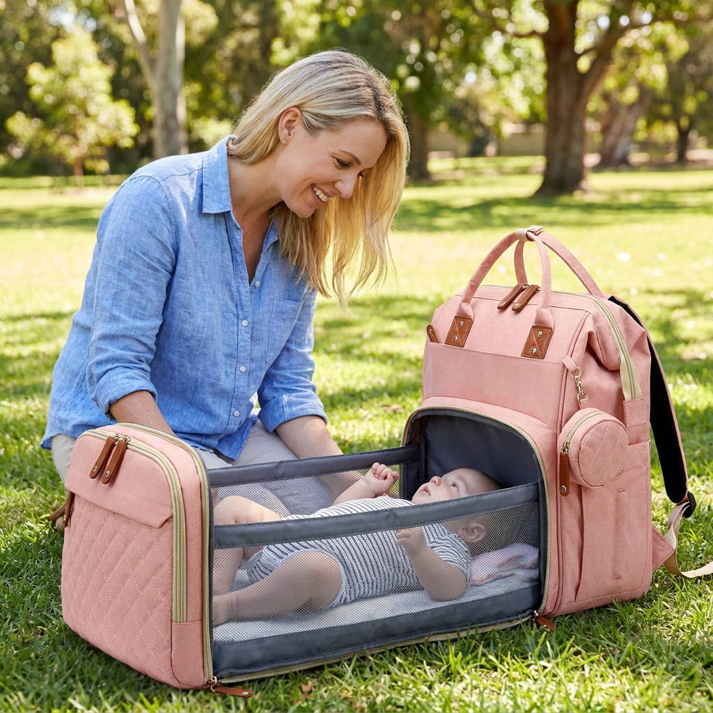 Convertible Diaper Backpack with Foldable Bed and Changing Station for Travel