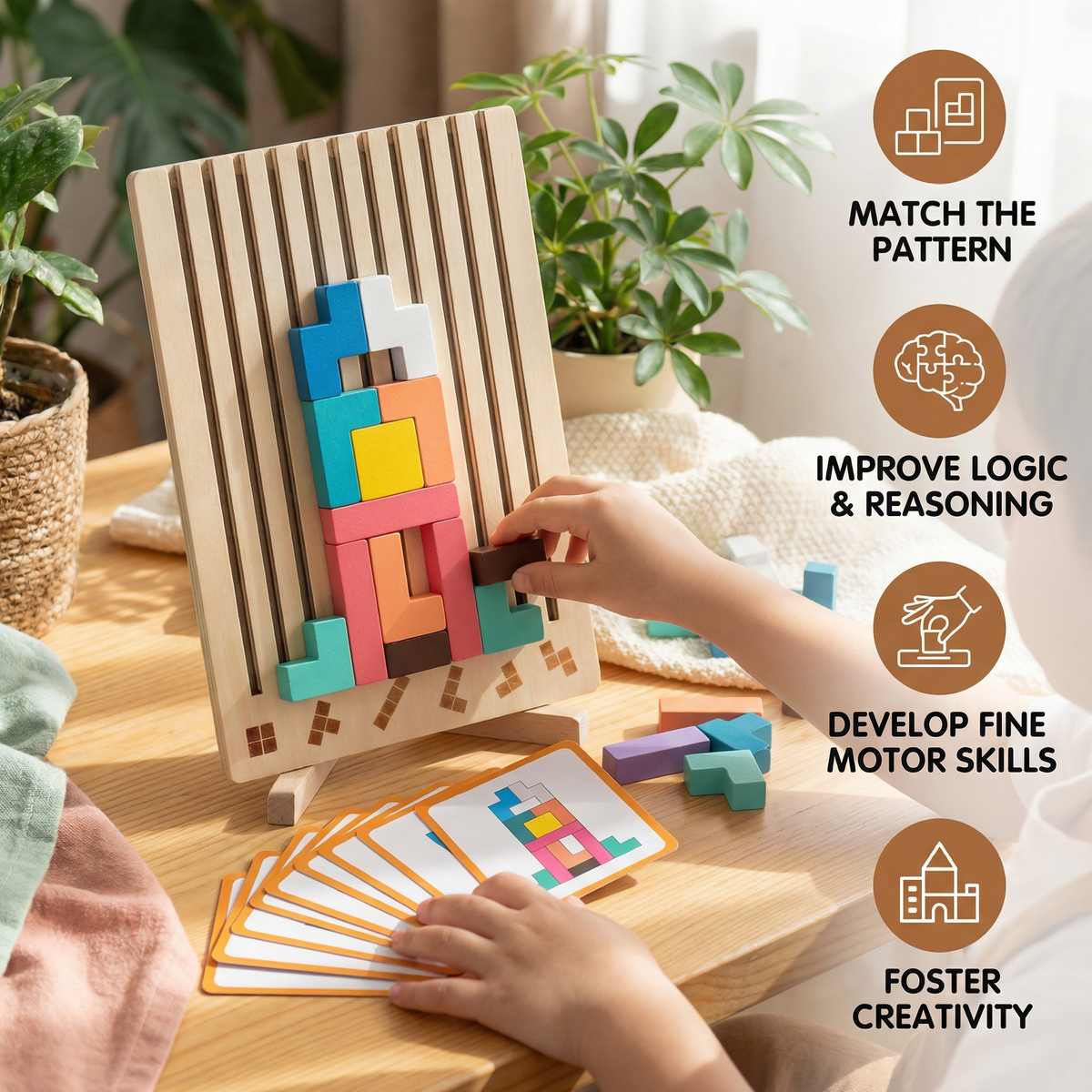 Wooden Shapes Puzzle Board with Geometric Pieces for Pattern Building