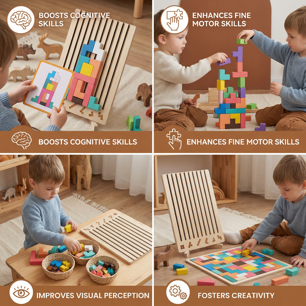 Wooden Shapes Puzzle Board with Geometric Pieces for Pattern Building